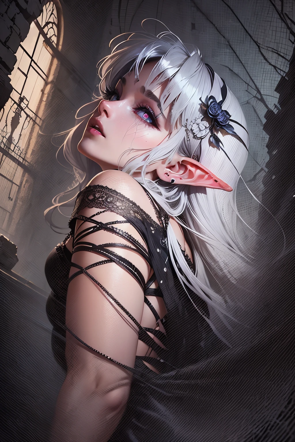 ( Super Detailed Face , looking away,  oil burst , dark color. she has 5 fingers on her hand、has 5 finger toes on her feet.), BREAK (Ancient Ruins. Peruvian-style ruins.  I noticed a dim space . Amazing. mysterious.  Dangerous Cliff . Contrast Light and Dark.), BREAK (a young woman's The Dark Elf treasure hunt is twisting his body while trying to climb through a narrow gap, Leaning ruins, with her arms and legs spread wide. she looks around carefully. her point of view looks up from the lower side of the woman's front.), BREAK (She has white hair,  gray eyebrows , trimmed bangs, fluffy hair that reaches the waist,  small pink lips , Lavender Eyes, dark grey skin in a dark graveyard, And eyeliner .), (She's wearing a lace-up dress with a cherry blossom pattern in English Victorian style、with lace fabric overlays. she's wearing an updress. She's wearing woven leather strap sandals.)