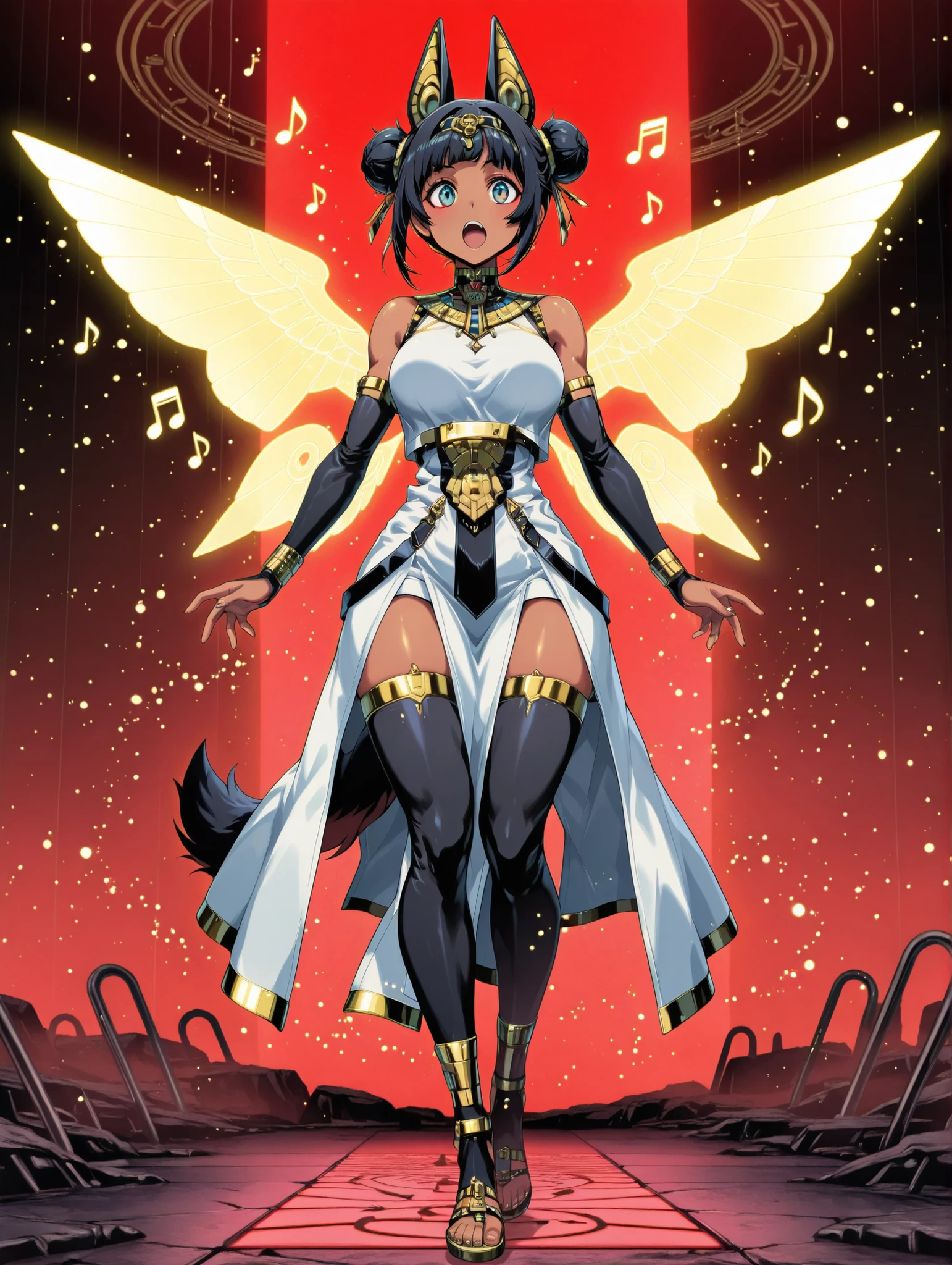(masterpiece、Top quality、Top quality、Official Art、Beautiful Beautiful:1.2)、beautiful breasts、black bun hair、(masterpiece, Top quality), (Detailed Hair), ultra high definition, anime style, full body, solo, cyberpunk jackal girl, Attractive Dark Skin, Egyptian decoration , Egyptian Style Outfit. Wears Egyptian Style Sandals. Super huge, Tall and Stylish, [Very Huge. Muscular, full body像, Standing on the digital ground, full body、opens his mouth wide、A huge musical note pops out、musical notes revolve around the girl、Lots of musical notes、red light gushing out of her body、light particles flow towards the sky 、Holographic wings