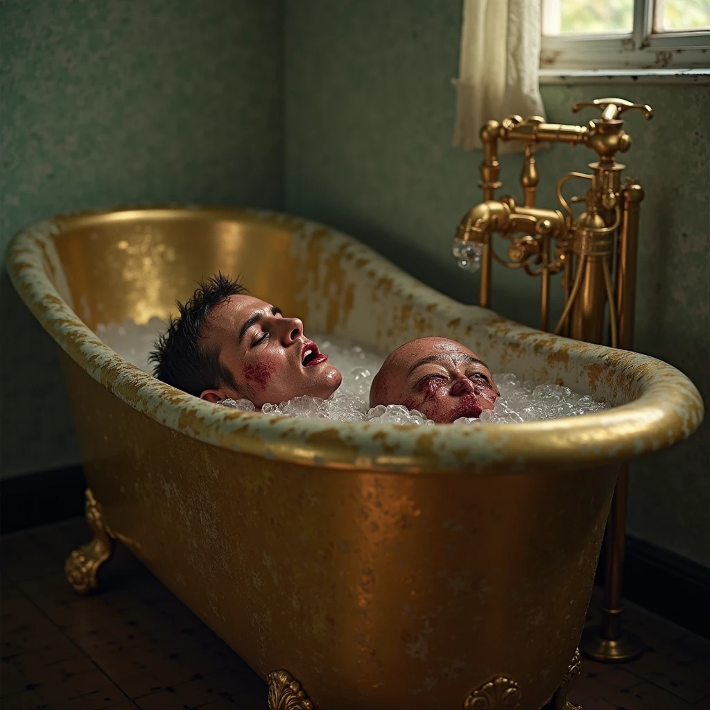 Eight muscular men wearing only underwear in a bathtub filled with living slime crawling up their bodies