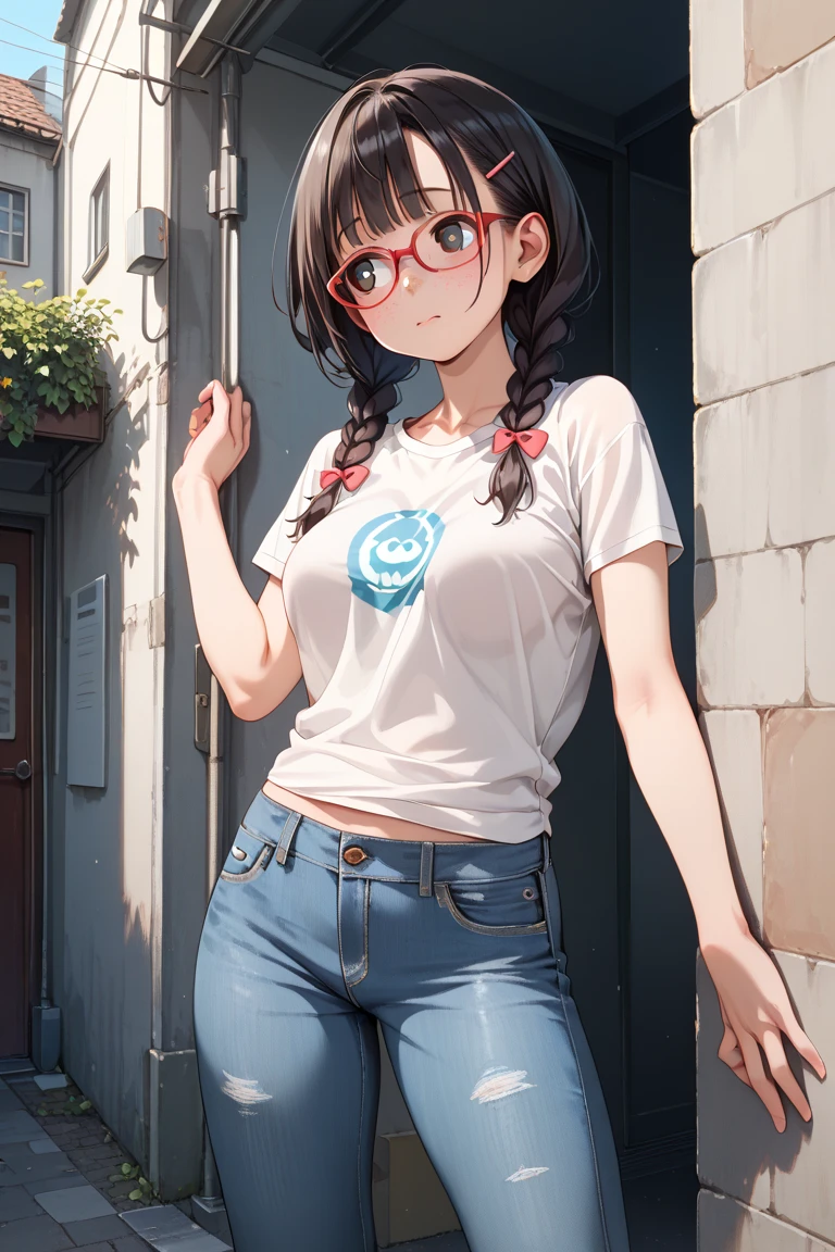 One slender girl, short sleeved shirt in white gym clothes, dark red school bloomers, pigtails, thick black-rimmed glasses, very thin waist, high waist