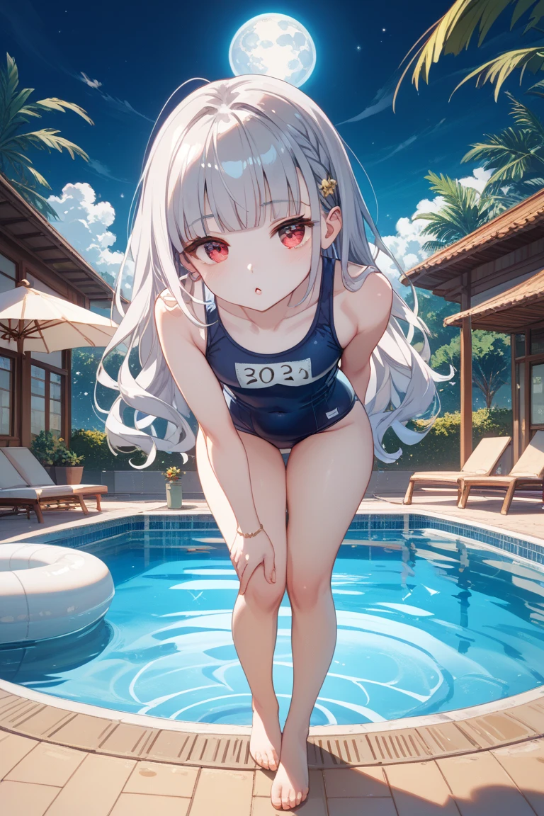 ((Best Quality, 8K, ultra-detailed, Masterpiece: 1.3)), 1girl, shiny skin, sharp, Perfect Body Beauty, realistic shaded perfect body, ("school swim suit, white,transparent_pussy":1.2),big_breasts ,(dynamic pose:1.1), thigh , cute , pool side,under boob , squatting