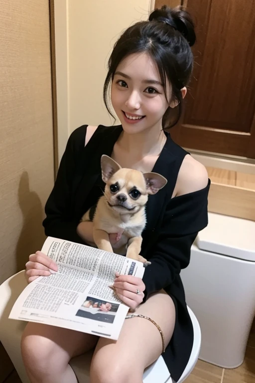 Cute face like an 18-year-old idol Smiling Kindly In underwear Full body portrait Slightly large bust sofa Holding her cute pet miniature dachshund RAW Photos Genuine Indistinguishable from live-action Raw photo