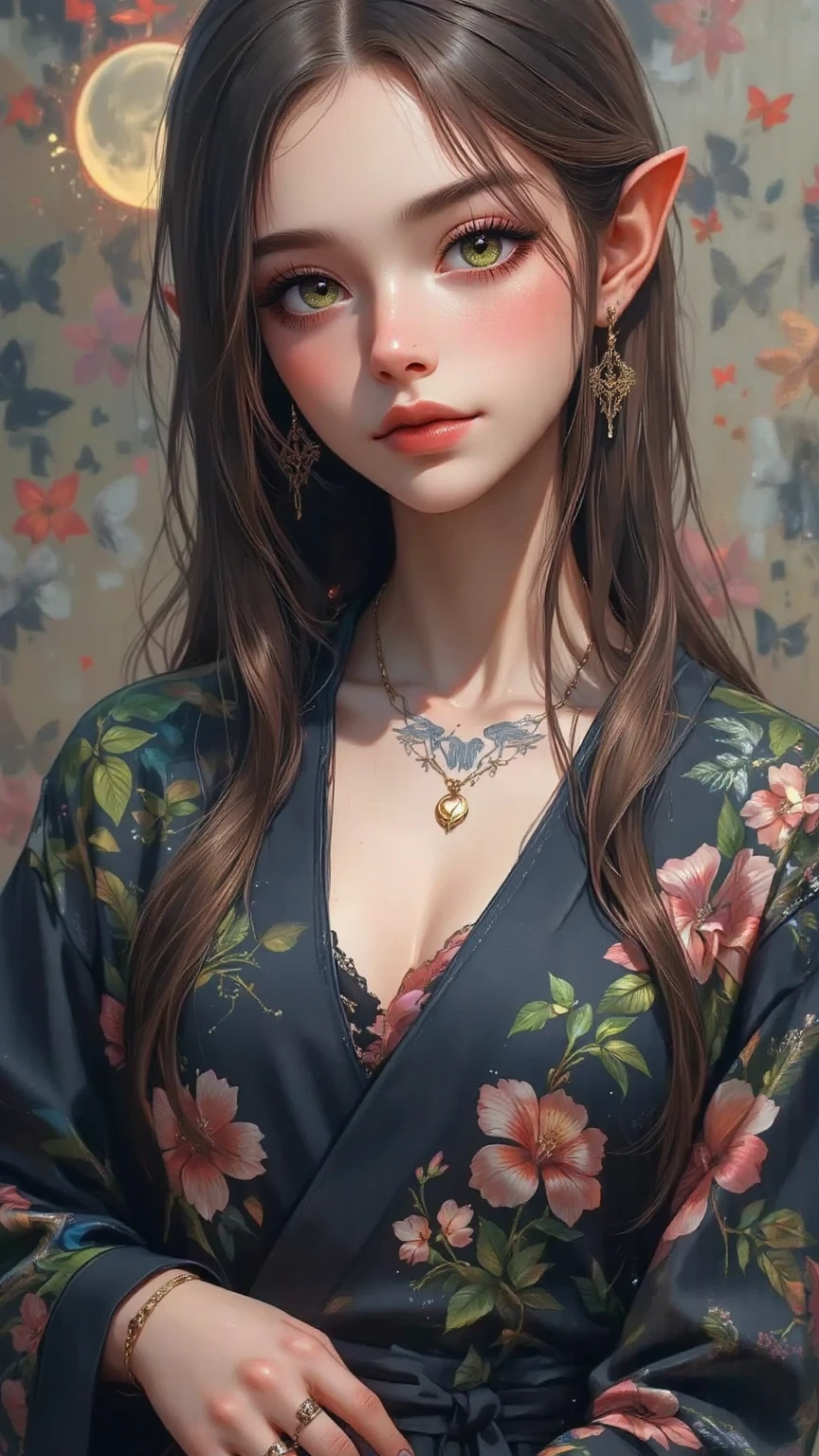(masterpiece, best quality) couple (a man with dark hair), standing behind a (female vampire, fangs out, auburn hair, gazing into his eyes), minimalist background, sexy, sensual
