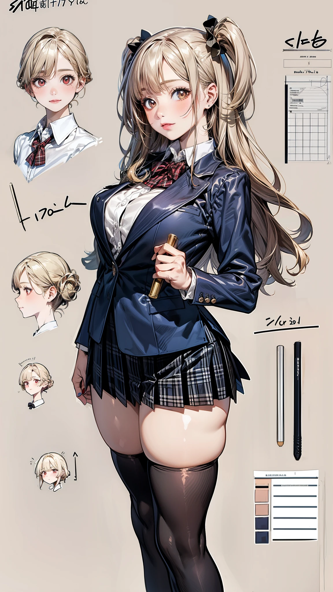 girl, alone, whole body, From head to toe, Are standing, (Huge_chest:1.3),
Character design sheet, Character Reference Sheet, 設計図のSchematic, Drafting, Blueprint, Schematic,
((Character design sheet:1.7, Character Reference Sheet:1.7,)),
anime/cartoon character wearing a girls , 1girl, alone, Thigh-high socks, blazer burezaa (blazer), Ahoge, Long Hair, bow, , shoes, loafers, ribbon, (Very short skirt:1.4), (panties:1.5),, (Good:1.7),(In underwear:1.7),nsfw,Full nudity、