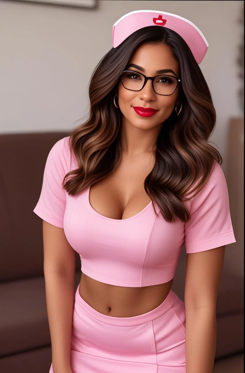 3D poster inspired by Pixar/Disney capturing a scene of a 30-year-old woman with long dark brown hair on her butt and honey-colored hair tips, light skin, honey eyes, nose ring piercing on the right side, pink cropped outfit, pink dress pants, and a white coat. She will be working in her clinic and carrying out treatments on clients and is also a businesswoman and will be carrying out assessments on her patients, she has an iPad and iPhone 12. The title: Aesthetics Tatiane Martins