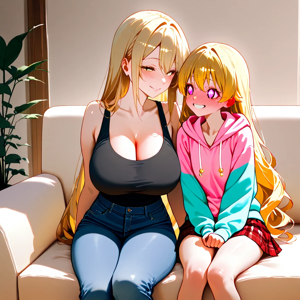 teenage human girl and boy, front view, full body view, long blonde hair, large breasts, happy, laughing, sitting in bathtub, embarrassed, pale skin, tall girl, cute girl, blue eyes, glossy skin, baggy red t-shirt, light grey pyjama shorts, baggy shorts, cotton shorts, two people, little boy, tall girl