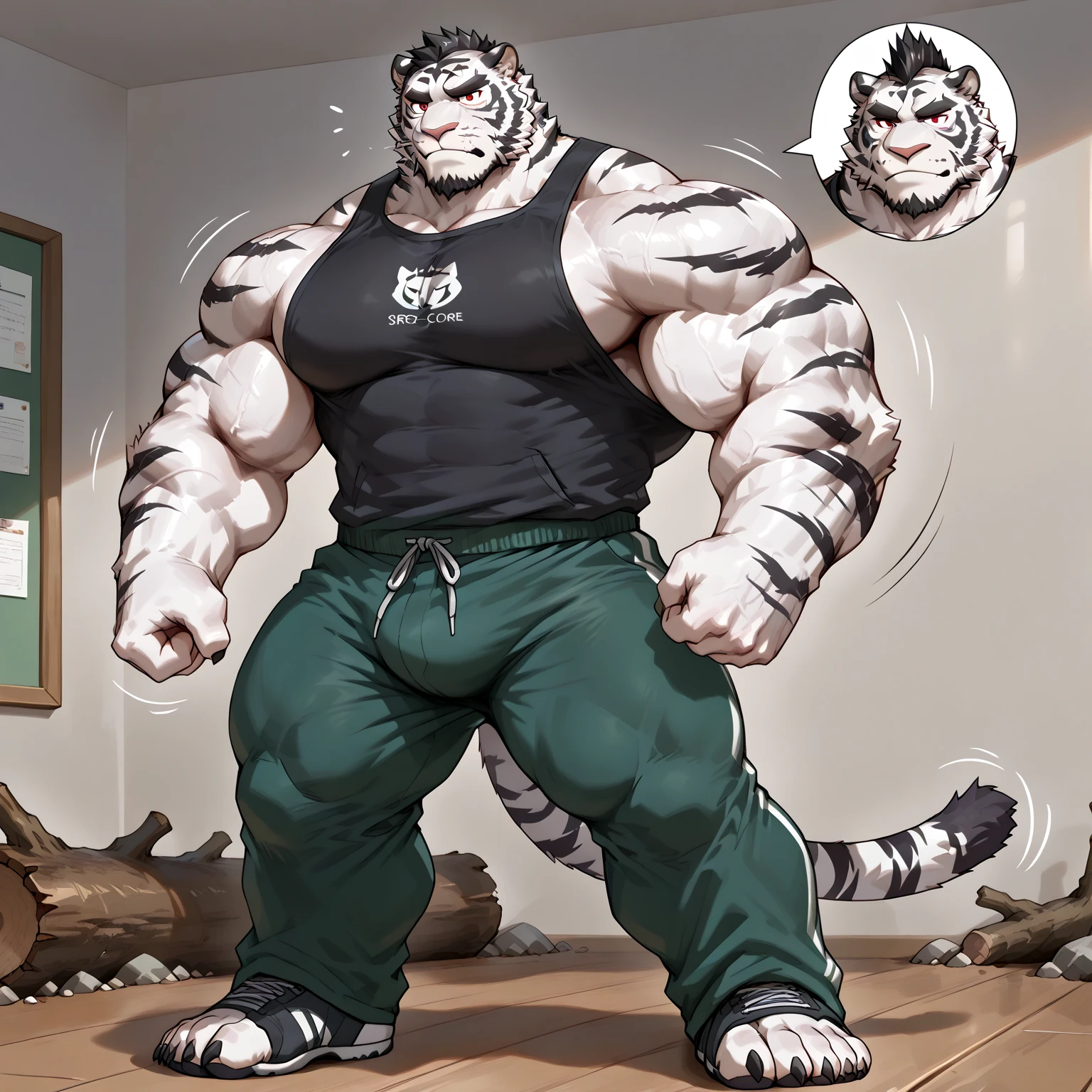 furry growth, hyper growth, hyper muscles,, a rat, cute, blue rat, shirtless, blue shorts, muscular, on a black background,