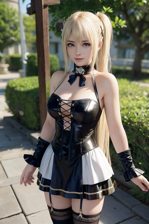 Marie Rose、blondehair、((12year old)), hair((Wavy, Black)), Eyes((Smart Eyes, Black)), Clothes((satin, Mini dress, Ribbon trim, Light blue, Light blue)), Accessories ((hair clips, shock, 手链)), Ponytail, huge tit, huge-breasted, Korean Makeup Look, Happy, stage, Spotlight, concert, Smiling, Smile expression, Dancing,