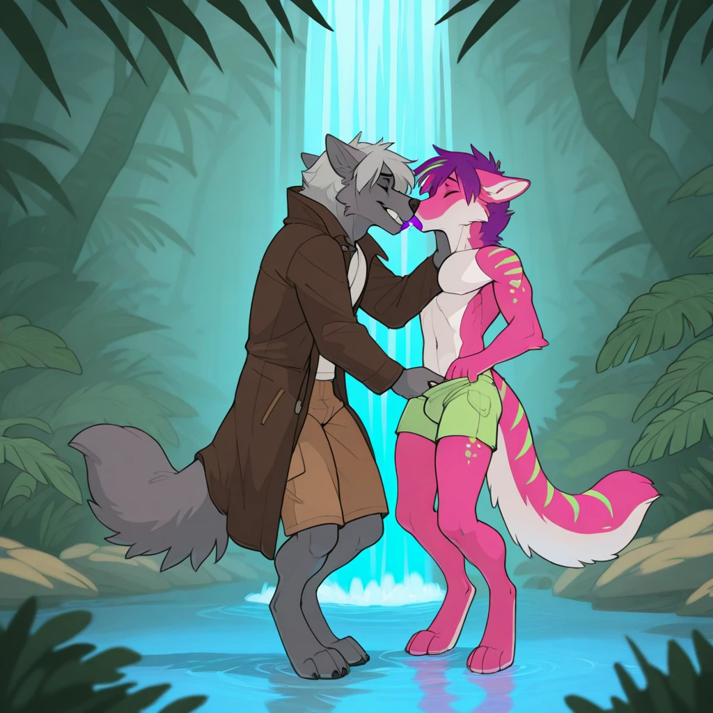 (Meisterwerk: 1,3), (2D: 1,0), (Anime: 1,0), (Illustration: 1,0). close up of a 16 year old male wolf bent over against at a wall by another 16 year old male wolf hidden between sume bushes, bent over, bending over, hands on wall, hands on hips from behind, grab hips from behind, close, embrace, humping ass, penetrating ass, making love, penetration, standing, standing behind, kneeling on the ground, behind, one behind the other, from behind, uploaded to e621, erect, erection, big genitalia, 16 years old, small, red eyes, shota, shota boy, boy, no shorts, no pants, naked ass, naked, socks, tongue haning out, tank top, wristband, pink hair, yellow eyes, (masterpiece:1.2),(anatomically correct:1.1), high quality:1.3, 2 arms, 2 legs, 1 tail, fluffy tail, small tooth standing out of mouth, small fang standing out of mouth, moe fang, cute fang, little fang, closed mouth, closed eyes, looking up, blushing, cum, cum out, erotic, ass, plump ass, night, wooden hut, stars, falling leaves, trees, wind, bushes, hidden between bushes, vegetation, big tree roots, rocks, river, low saturation, simple color palette