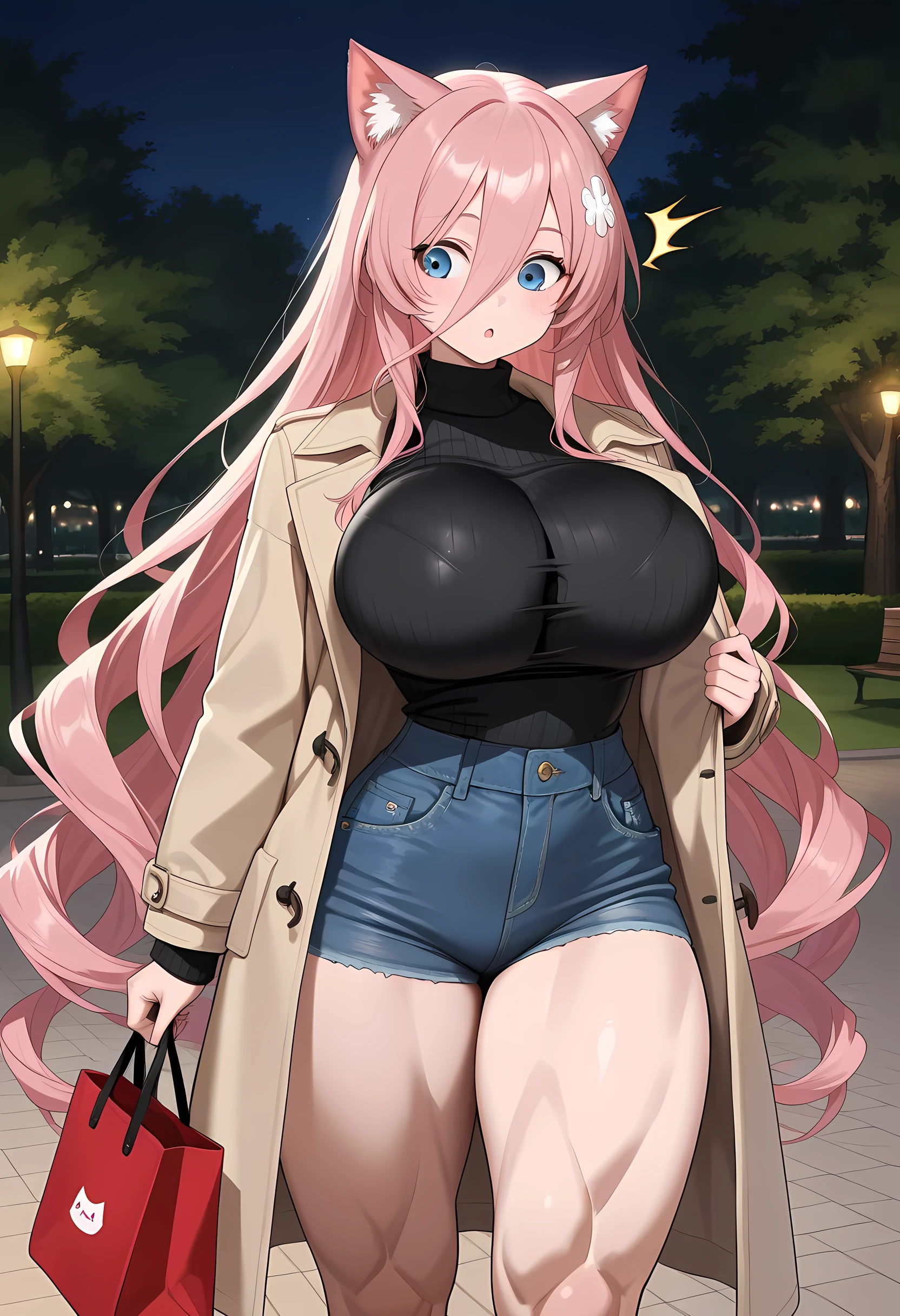 (masterpiece,best quality, detailed,hires:1.4),portrate,1girl,standing,16yo,(solo:1.4),winter city scape,street,(big moon,detailed full moon,night sky,fine sky),BREAK,super dericate hair,ahoge,pink hair,long hair,detailed face,beautiful detailed eyes,shining eyes,big eyes,tareme,bloom,glowing,glowing skin,huge breast,BREAK,(White fur coat),BREAK, (gray turtleneck sweater:1.4),BREAK,(denim short shorts:1.2), (black stockings:1.4),(brown long boots:1.2),close up breast,(happy:1.4),blush,(head to crotch,below the knee and feet are out of sight:1.4),from below,