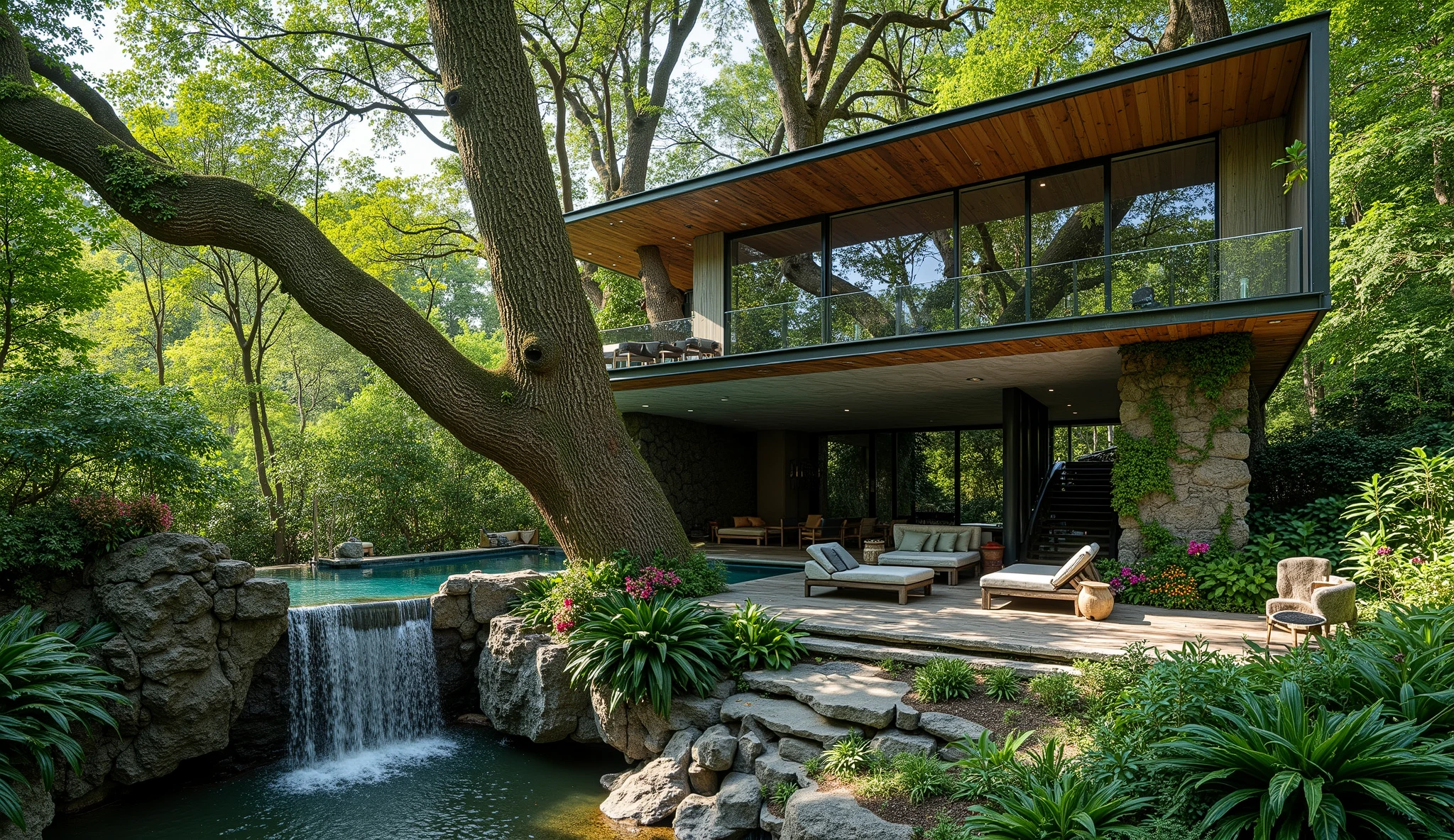 treehouse、A modern mansion standing on a giant tree、There is a luxurious pool、A waterfall cascades down from natural bedrock、