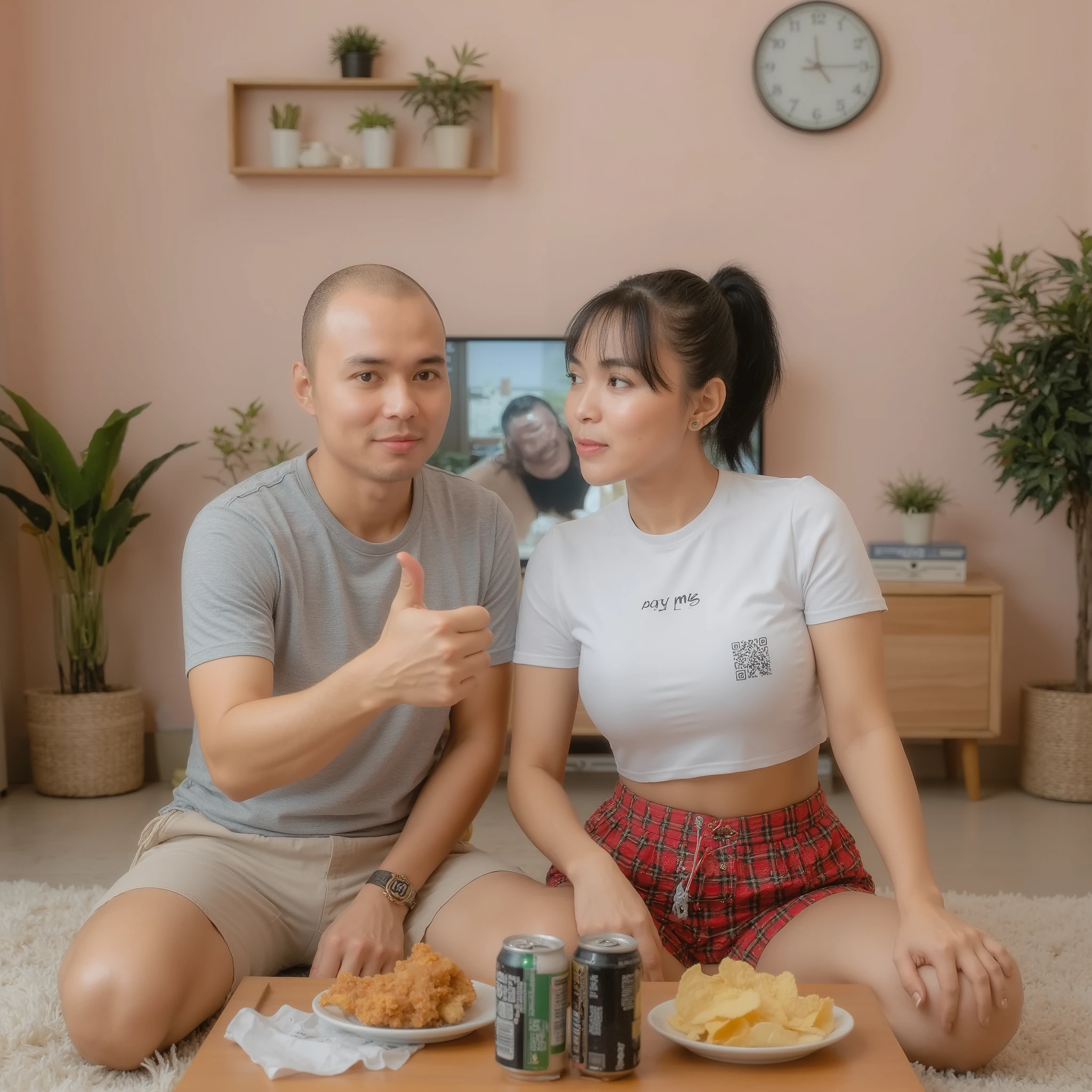 An Indonesian couple is sitting casually on a soft cream floor rug in a cozy minimalist living room. The Indonesian man, who has a slightly build—around 78 kg—with thinning hair that’s almost bald, is wearing a gray T-shirt with the words “Best Licker” and beige shorts. The toned figure woman has straight black hair tied in a ponytail with soft bangs in front, and she is wearing a white cropped T-shirt that slightly reveals her stomach, with the words “Pay Me” printed on the chest next to a visible QR code resembling a QRIS payment code. She also wears a red plaid mini skirt with black and white stripes. Both are facing the camera with subtle closed-lip smiles. The woman is giving a thumbs up. In front of them is a wooden coffee table with a plate of fried chicken, potato chips, and two cans of beer(Carlsberg and Guinness). Behind them, a medium-sized flat screen TV displays the movie “365 Days.” The background features pastel-colored walls with minimal decor, including shelves, potted plants, and a round wall clock. The room is lit with soft neutral lighting (4000–4500K), giving the space a bright and clean look.
--v 6 --style photographic --ar 3:4 --q 2 --style raw