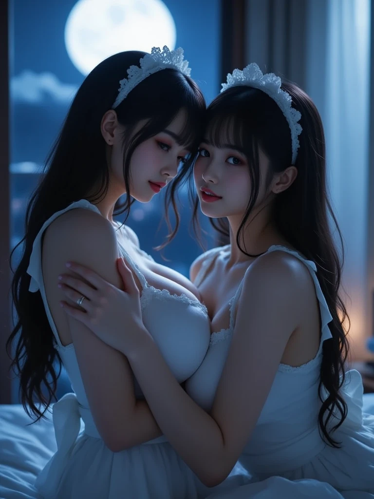 ((Top quality, 16k, Masterpiece: 1.3)), in the darkness nigth, deep shading, low tune,pureerosfaceace_V1, ssmile,46 points oblique bangs, (com rosto detalhado, Highly detailed lips,), (y colorful lace lingerie), Facing the camera,long whitr hair,Beutiful women, (详细的脸), A smile, (beatiful smiling face)、(beautiful countenance)、 gigantic cleeasts, ((en(Woman 1)Grasp the breast from behind, (( ((Young men(Woman 1)Touch the body:1.5)),sea beach