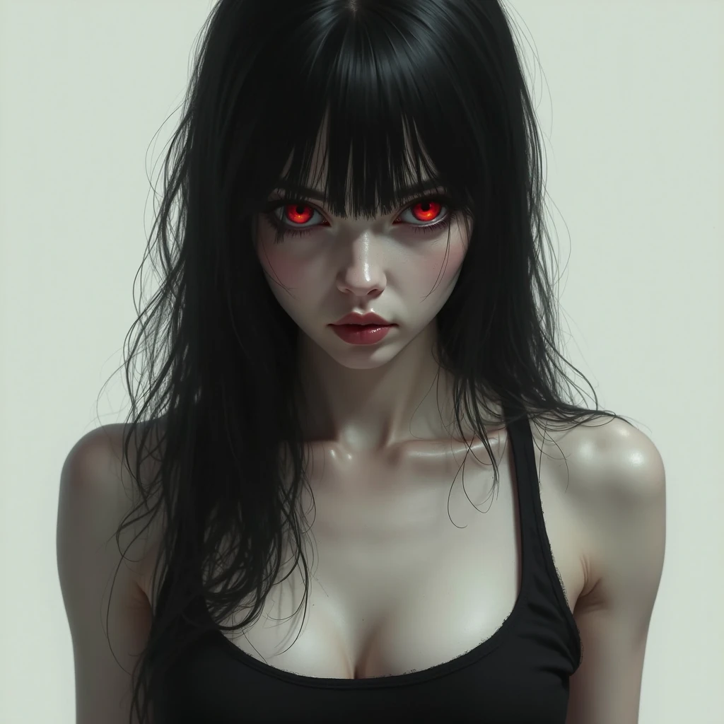 Oil-painting illustration of a pale Korean woman with a dichotomous face, sitting expressionless in a decaying experimentation complex, one side of her face is zombie-like featuring a rotten eye while the other side remains beautiful, dark black hair with ultra-straight full bangs cascading downwards, red glowing eyes radiating an eerie allure as she gazes at the viewer, clothed in a short outfit, surrounded by an atmosphere of decay with dark hues of purple, red, black