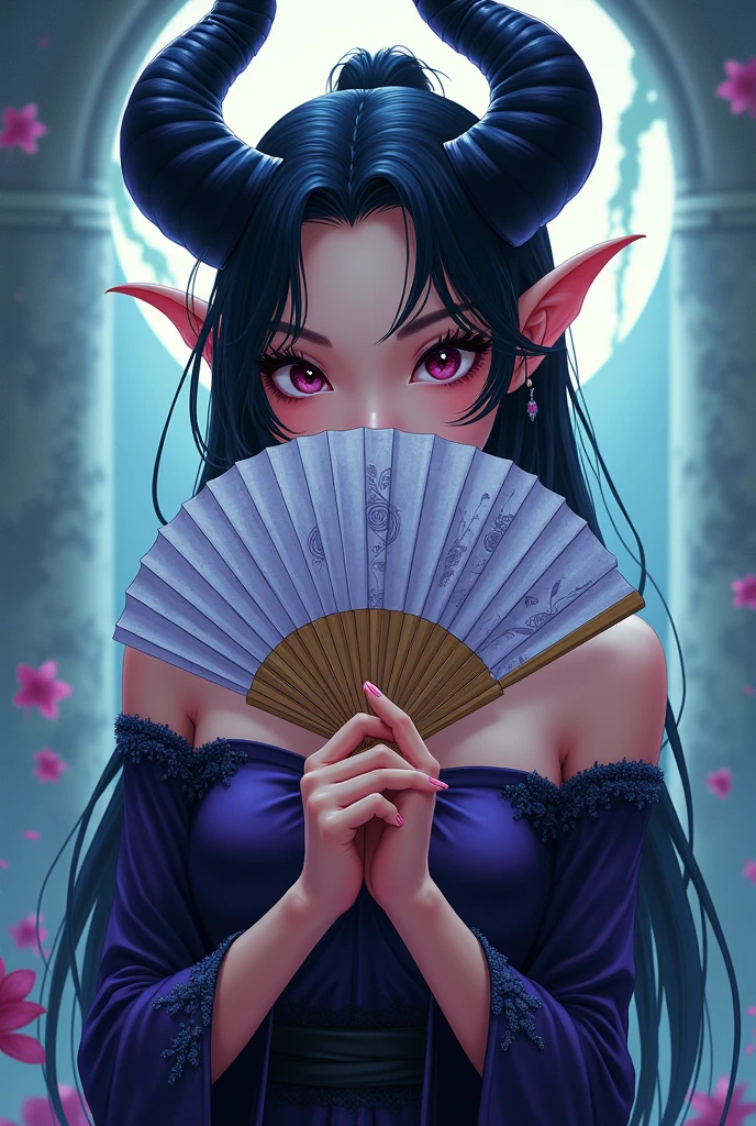 a girl with sinister eyes colored in purple, normal breast, wears very stylish combat outfits in anime, long black hair, she does not smile, with sinister background with sky in sight, on her outfit is clearly written "xenoblade "