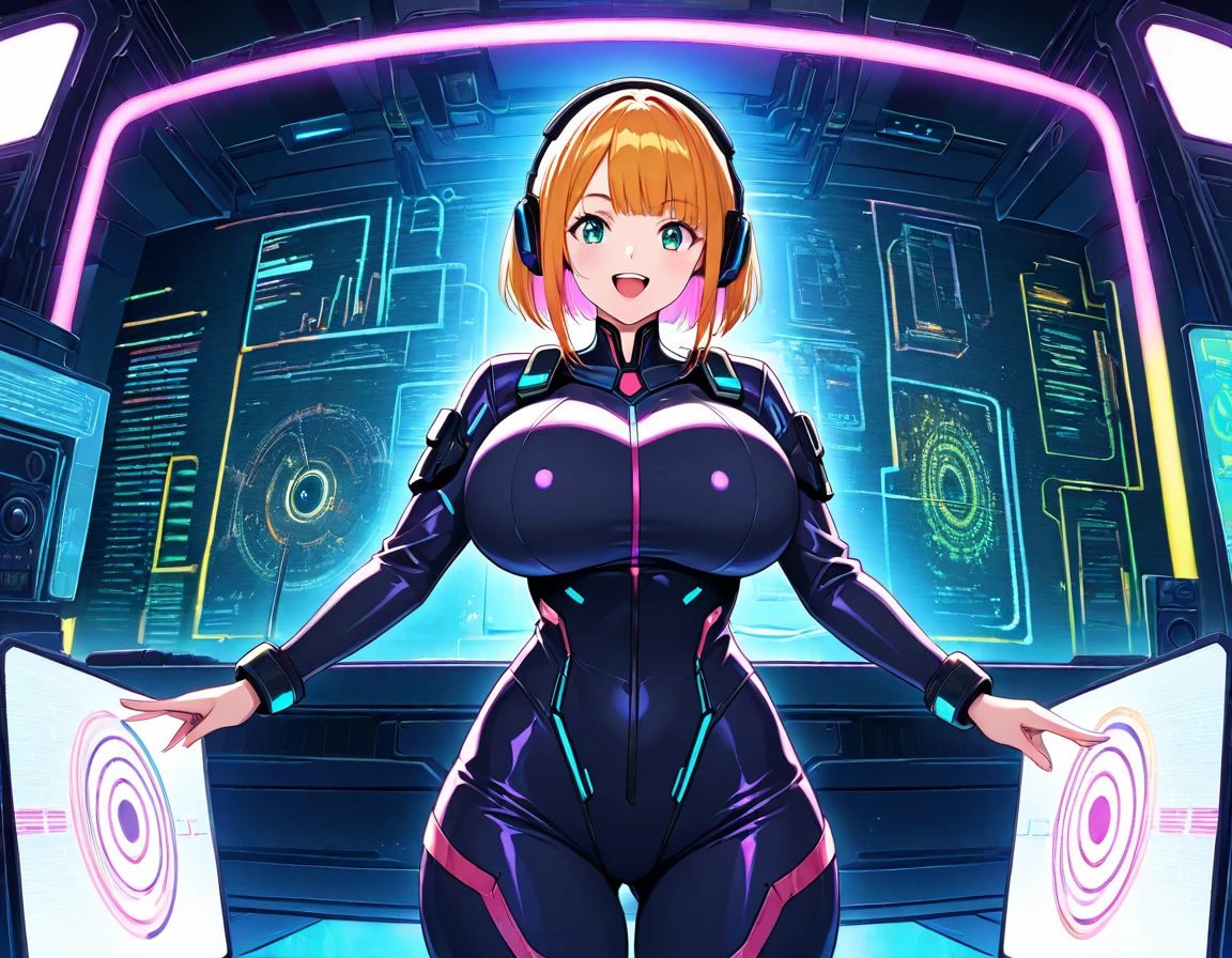 very detailed、masterpiece、high quality、one high school girl、12 years old、Loli、(white and pink space suit)、front zipper、(Futuristic, Tight Fit Bodysuit)、headphone、Cyberpunk space station interior background、(Multicolored blonde hair),ロングtwin tails, (pink eyes), change,twin tails,sassy change,cheey change,mesugaki,girl,天才girl、(big breast):1.0,(blush):1.1、halo、