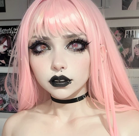 mulher com cabelo rosa e maquiagem preta posando para uma foto, goth makeup, maquiagem emo, wearing goth makeup, bubble gothic makeup, pale goth beauty, pastel goth aesthetic, goth makeup, goth girl aesthetic, pastel gothic, 18 years old - old gothic girl, com olhos esclerais azuis, goth eyeliner, maquiagem cyberpunk, maquiagem pesada, gothic aesthetic