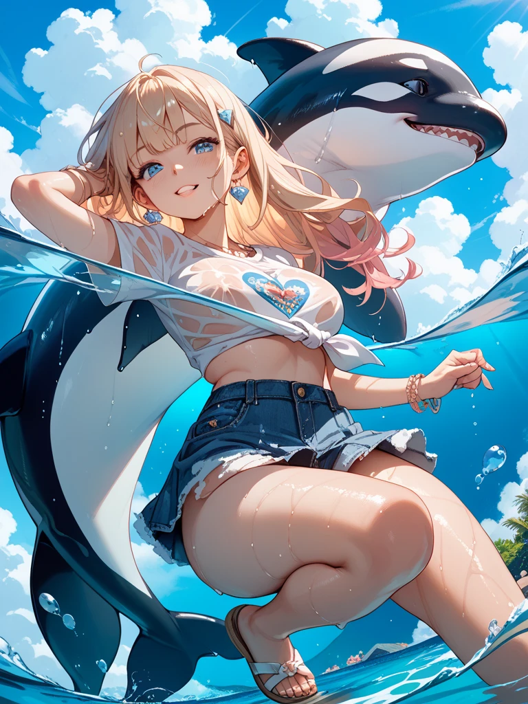super smile, breast, summer, sun, sea, beach, approaching sun, beauty in the center, dolphin, mermaid, reflection, --v6