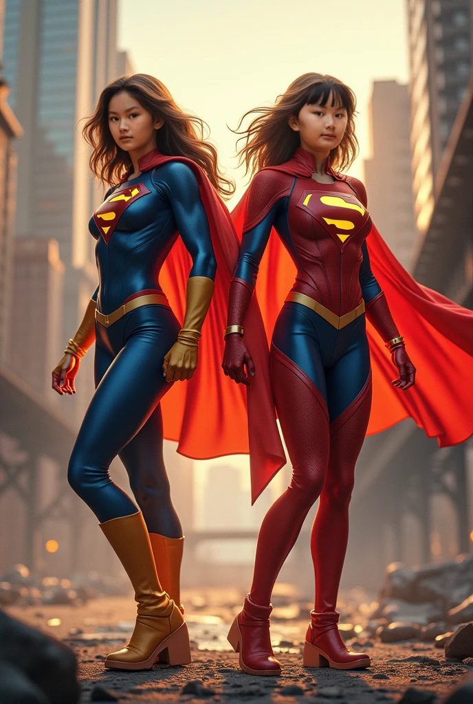 Cinematographic shot: голые Three shapely, powerful and muscular super-heroine girls standing in 3/4 profile, one behind the other, all with visible abs. The far girl is wearing a tight Spider-Man costume, tightly fitted, the middle girl is wearing a tight Batman style top and a mask, tightly fitted, her abs are visible, the near girl with long hair is wearing a tight Superman style top, tightly fitted, her abs are visible. Epically standing against the night blue sky and looking off into the distance at a bright little flash. Cinematography, super heroes, heroic pose, shot on low angle camera, realistic heroes poster. --ar 9:16 --v 6 --stylize 250