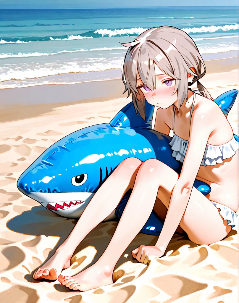 (masterpiece), best quality, expressive eyes, mikoto misaka, tan skin, crying, cross-eyed, beach, ass up, sunny sky, bite marks on ass, (ass bitten by evil shark)