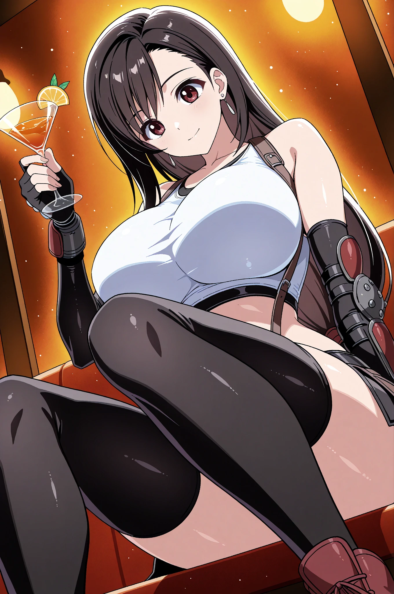 masterpiece, ultra quality, high quality, beautiful detailed glow,film Reflection,
masterpiece, best quality, 1girl defTifa, red eyes, low-tied long hair, earrings, white crop top, suspenders, lift black miniskirt,lift pencil skirt, arm warmers, black elbow gloves, elbow pads, red gloves, red footwear, (large breasts:0.6), upper body, looking at viewer, smile, bar, night, counter,
((from front,front face)),(spread legs:1.6),m legs,arms behind back,(through thong:1.5),(public hair:1.5),
(((Pubic hair shows through))),(((nipple shows through))),