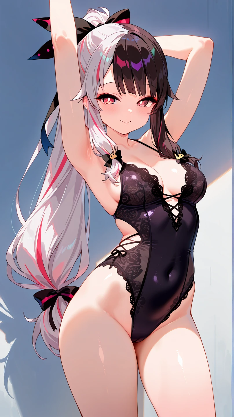 nsfw,cute girl, ((leotard)),(Bunny girl),long hair,white hair, heart hands,Fishnet tights,face forces ,((Navel exposed)),small breasts ,
