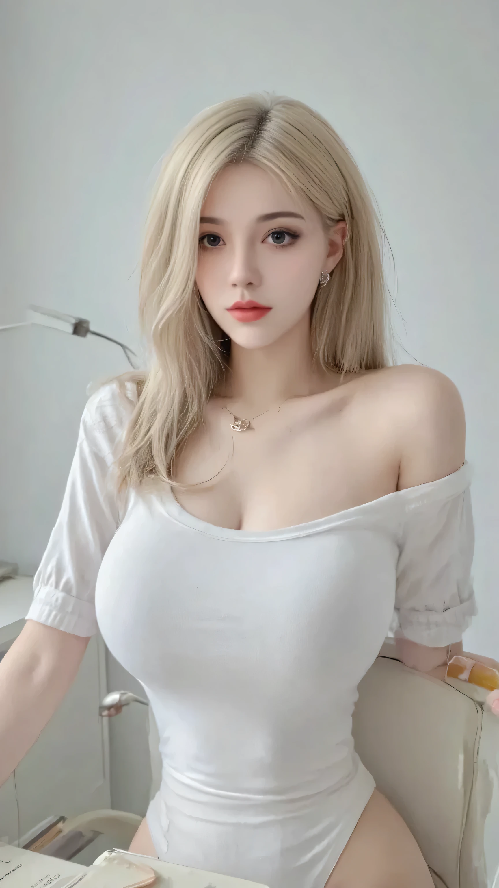 ( masterpiece, best quality:1.2), meo girl, alone,blonde hair,in the office,Frontal portrait,look straight ahead,sits on the chair,White tight short shirt,lower body white tight skirt,full,bulging underwear without a necklace ,Without necklace,Portrait close-up