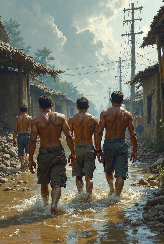 In the middle of the road in Thailand, during the rainy season, the rain falls and there are many men in the background. Everyone was wearing thin red underwear, wet with water, showing their muscles. like an underwear model Shirtless, lean figures aged 17-18 filled the sky. Clearly visible in front were 2-3 handsome Asian young men. Imaginary but realistic images