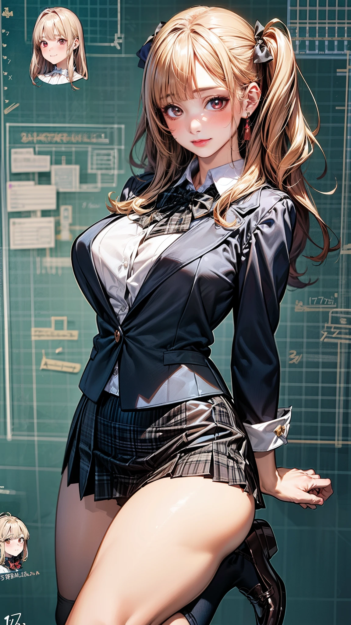 girl, alone, whole body, From head to toe, Are standing, (Huge_chest:1.3),
Character design sheet, Character Reference Sheet, 設計図のSchematic, Drafting, Blueprint, Schematic,
((Character design sheet:1.7, Character Reference Sheet:1.7,)),(realistic, photorealistic:1.2),
anime/cartoon character wearing a girls , 1girl, alone, Thigh-high socks, red bow tie, black plaid pleated mini skirt, long sleeve black blazer, (middle hair, one side up, long sidelocks, copper tone hair), blunt bangs, light brown eyes, big eyes, long eye lasher, (medium breasts, narrow west, seductive thighs, camel toe, large ass), glamorous, skin dentation, babyface, cute face:1.2, tiny, curvy, , shoes, loafers, , (Very short skirt:1.1),