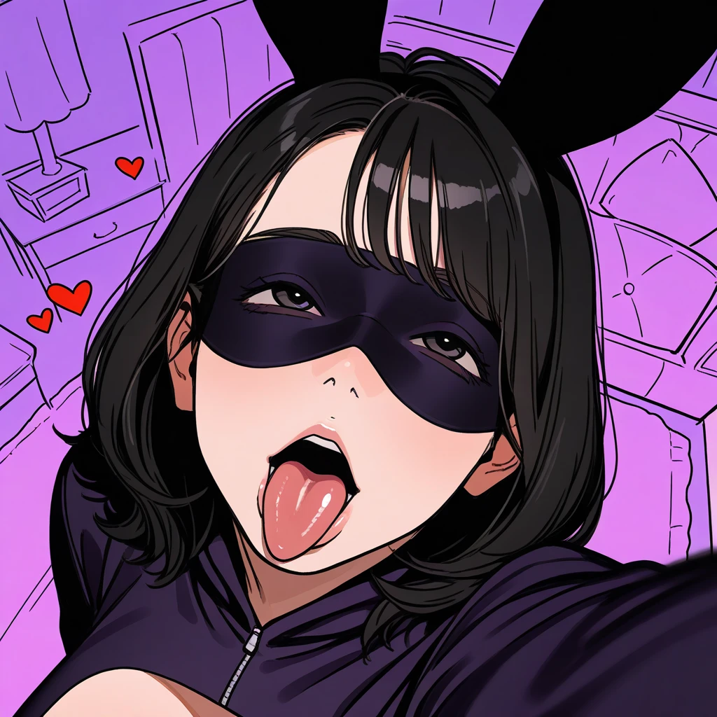 long black hair woman, perfect body, purple eyes, adult, sexy, wearing masquerade mask, nude, manhwa, sexy man, adult, big body, fit male, wearing wolf masquerade mask, nude on bed, female sitting on top, 