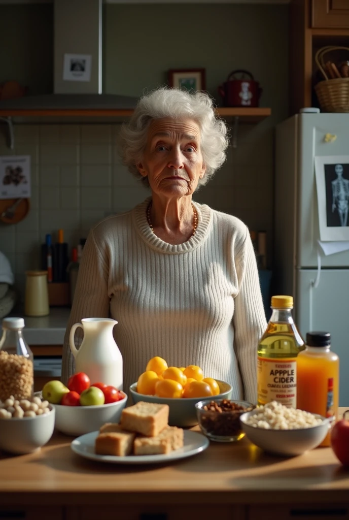 Hause wife,55 years old.  the table. Milk on body. . Holding cucumber in hand. Legs tied up.