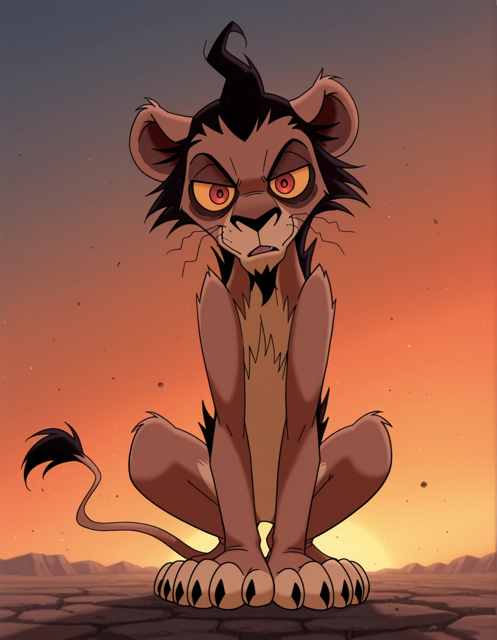 ueda hajime, Nuka, dark circles around eyes, red eyes, male, black hair, orange sclera, Lion, brown body, furry, skinny body, full body