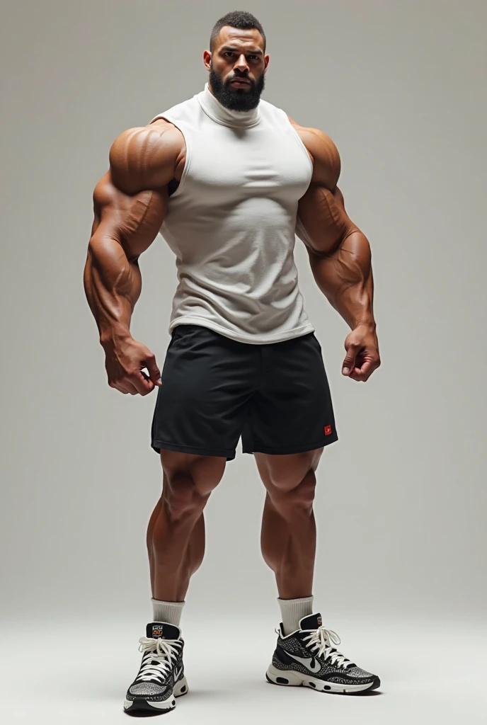 Muscular, huge biceps, huge chest, shirtless, smiling, full body.