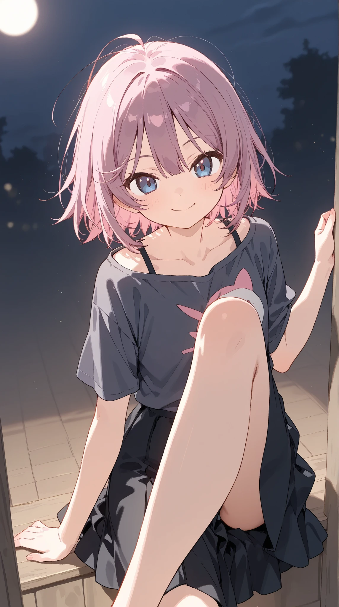 Cute anime girl, with short pink hair and blue eyes.