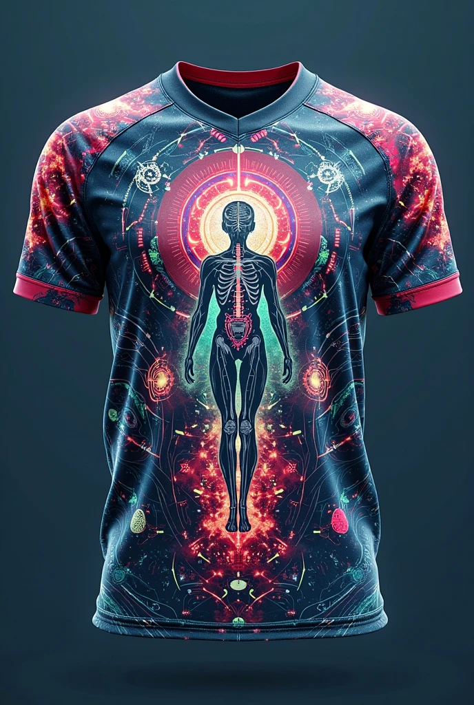 A fashion series that blends streetwear with techno-futurist aesthetics. The t-shirts are made from high-tech fabrics that provide a sleek, matte finish. Each shirt features a large, central design on the front, like a futuristic humanoid with glowing circuits or abstract digital patterns. The graphics are rendered in a mix of bright neon colors against a dark background, creating a strong visual contrast. The overall design is cutting-edge, with a focus on innovation and visual impact