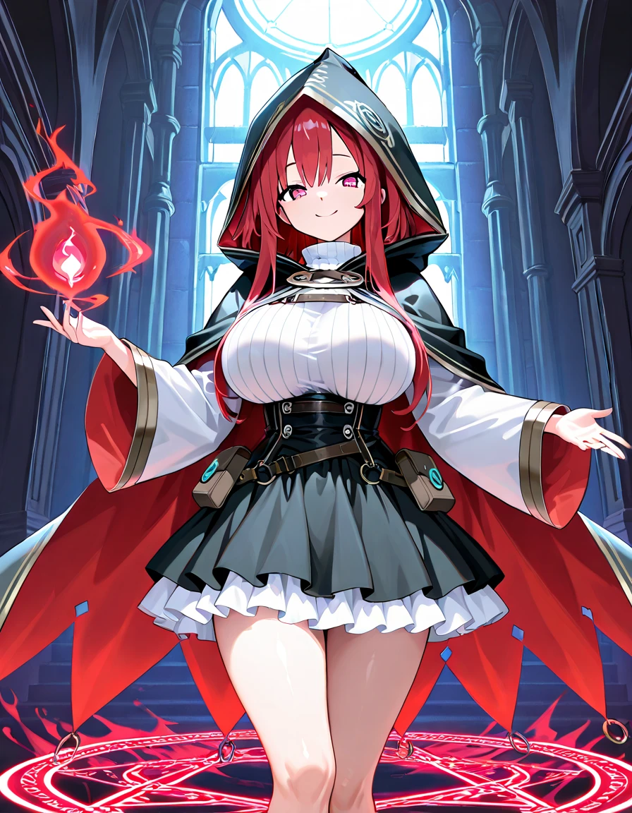 masterpiece, Top Quality, high image quality, 1 girl, solo, cartoon, Completely_girl_2k24 ,best quality ,A perfect masterpiece,((perfect artwork)),16k,Alchemist robe,big breast,Alchemist rooms,Alchemist costumes, hood cloak,tiered skirt,Alchemy Labs,red hair,little smile,Magic Circle,Magical effects