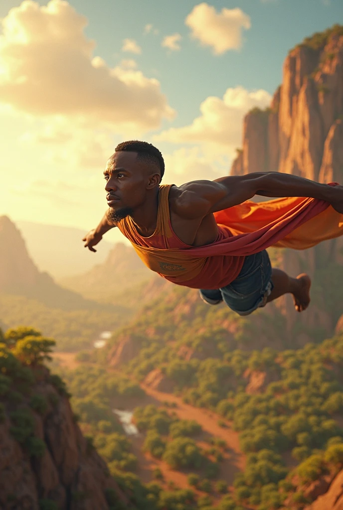Create the image of a hero in beachwear, in a tropical suit, flying over the São Francisco River canyon in the city of Paulo Afonso in Bahia