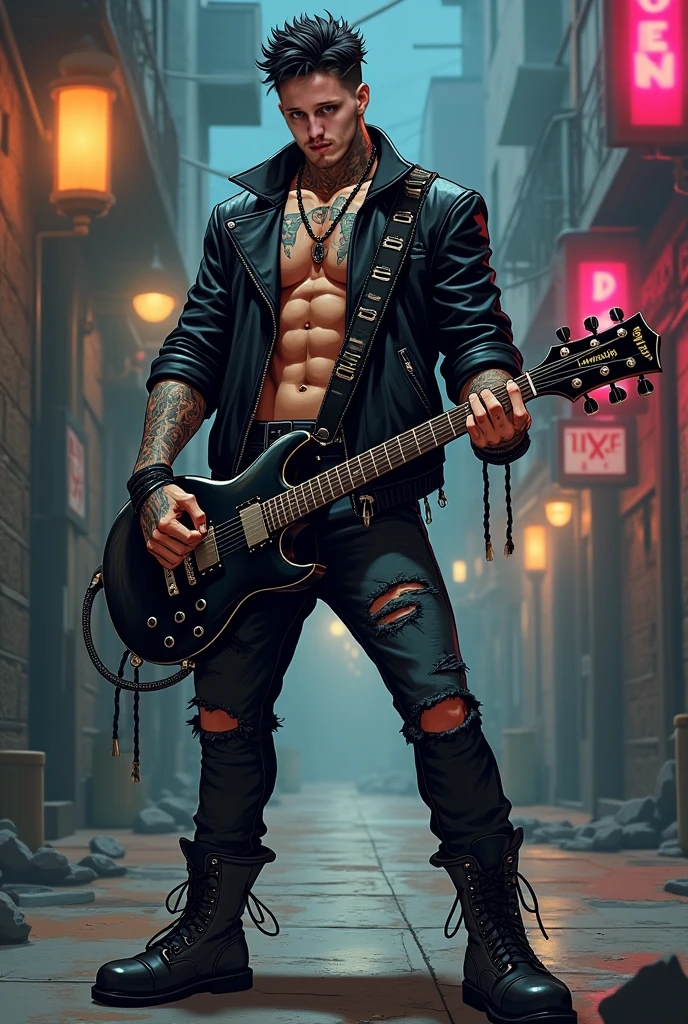 mario bros ,black rocker clothing black leather vest with guitar for metal metalhead chains, rock bracelets black denim pants ,black boots, red eye iris in apocalyptic video game level, 3D ,video game type,in apocalyptic video game world,Whole body ,high resolution high detail cinematic volumetric