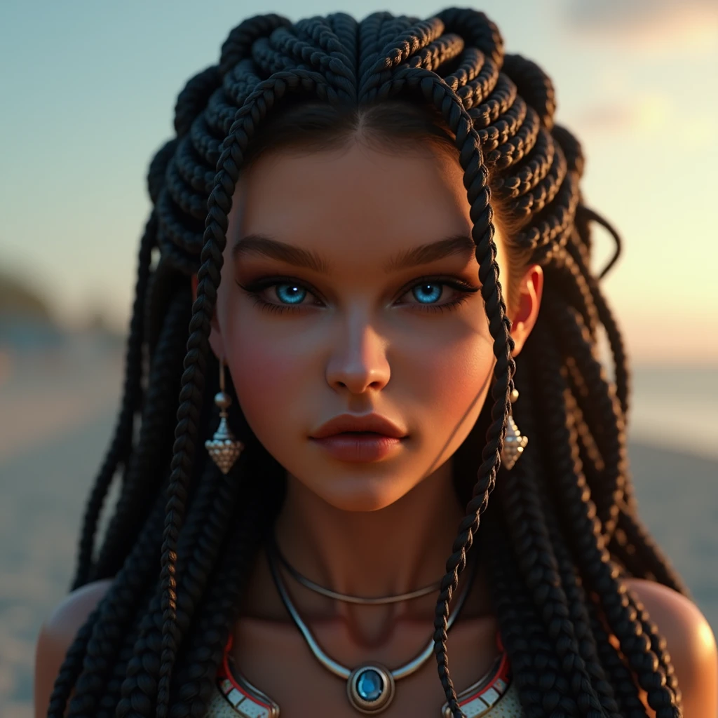 mulher negra adulta + trenza cascada + olhos azul + africana
