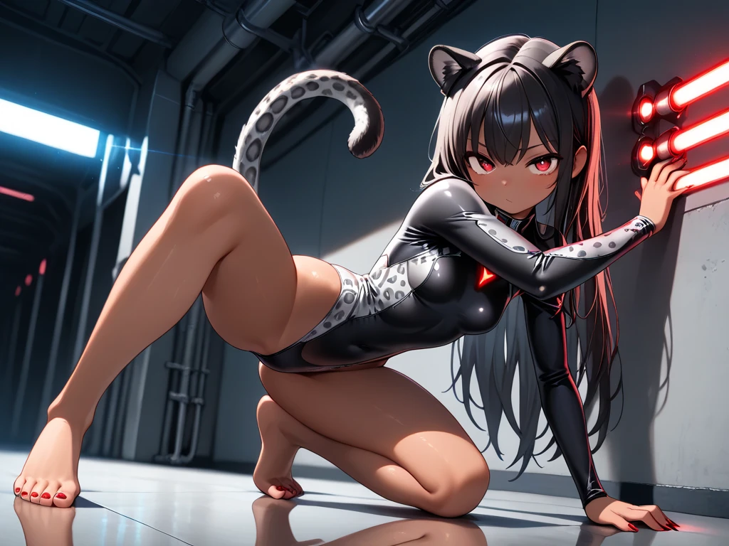 masterpiece,One girl,alone ,Heart-shaped pupils,Open your mouth,hoodie,, Static Restraints, Dark blue hair girl, Cat ears and tail, Wearing a tank top and racing pants. Loli body type Twin tails Female genitalia is visible Detailed depiction of female genitalia Flat Chest Stern expression With legs apart