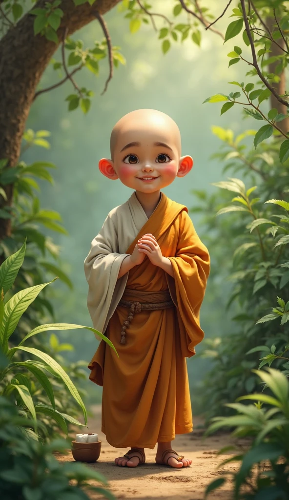 With a smile,Eyebrow beauty,Little monk without hair,Buddha statue sitting in front of the temple knocking wooden fish