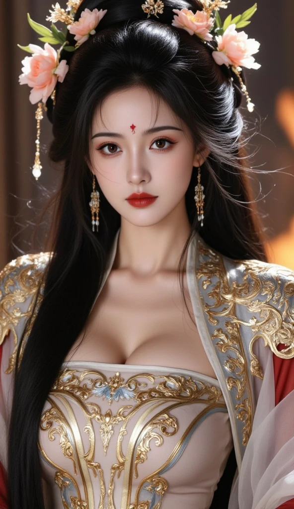 masterpiece, best quality, 1 girl, ((Large Breasts), Long hair,(Siamese transparent black silk),(Jewelry forming five circles on the breasts, ),Looking at the audience, (precise、Perfect face shape:1.3),(Beautiful five fingers),(Crotch front display),Ultra HD,Ray Tracing,,reflected light, Correct structure,The award-winning,High Detail,Reduce shadow contrast,Facial lighting ,Cinema Lighting,masterpiece,Super Detail,high quality,High Detail, best quality,16K,High contrast,Close-up of woman, A young woman plays, Chinese Empress, yun ling, song nan li, , gujian, zhao yun, Chinese Princess