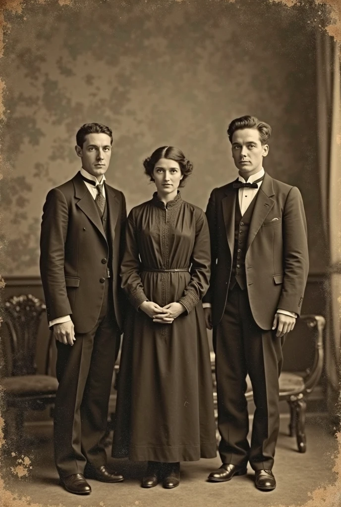 there are three people posing for a picture in a photo booth, colorized 1 9 0 4 photo, colorized photograph, colorized photo, a colorized photo, colourized, hand - tinted, colorized, colorized photon, inspired by Pedro Álvarez Castelló, restored color, colorized background, family portrait, colourised, victorian era, photo in color