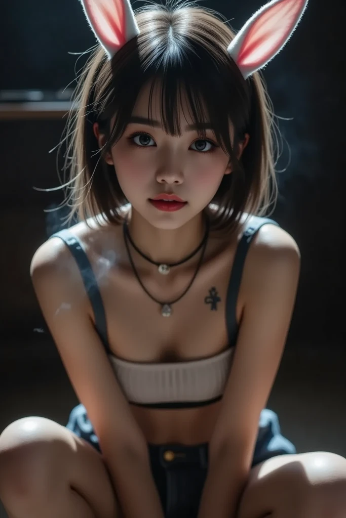 High resolution, Gaze, Small breasts, Slanted Eyes, Brooding face, Expressionless, Empty look, Bad mood, 11 year old korean girl, small breasts, Sanpaku eyes, grumpy face, black bikini, Contempt/angry gaze, short half updo, One girl, 