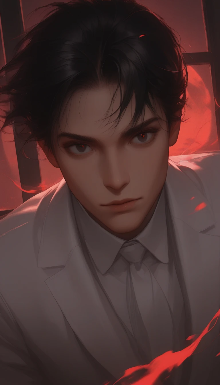 At night, by the window, Red Moon, a handsome boy, about to turn into a zombie, surprised, facial ultra-detailed, short black hair, red eyes, white suit, side, facial ultra-detail, no blood, highly real, 4K, chiaroscuro, super high detail