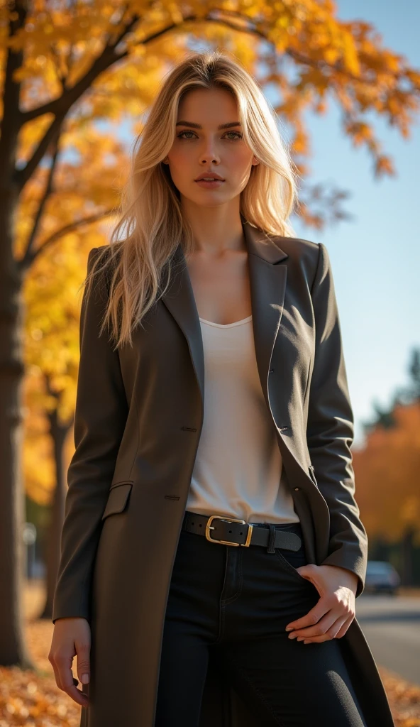 master part, best quality, 1girl, Beautiful, fim, delicado, extremamente intrincado, circunstanciado, blonde hair, suit jacket, olhos azuis, ((master part)), extremamente detalhado, best quality, high resolution, ((em um parque)), Bridget, sorrir,