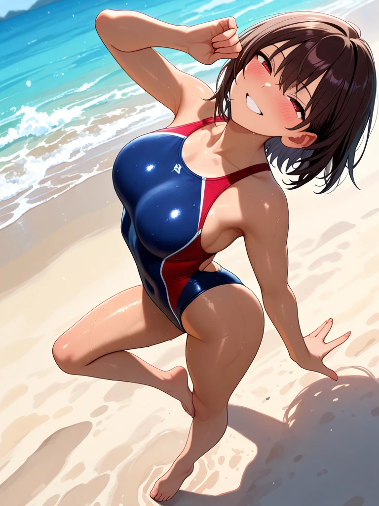 One piece type competitive swimsuit Black Hair Semi-Long blush smile Great style
