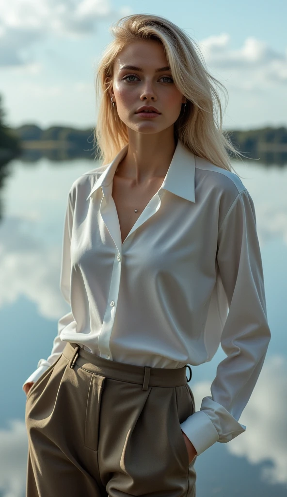 European woman, closeup, sandals, (shirt), pants, (sydney opera house), [ZM_mary:ZM_brittney], wide shoulders, perfect face, (contact iris: 1.1), pale skin, skin pores , depth of field