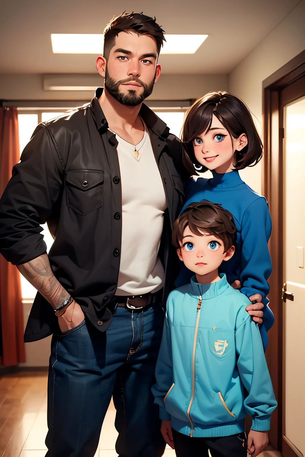 (obra maestra, calidad superior, La mejor calidad, arte oficial, Beauty and Aesthetics: 1.2), Father's Day, Chinos (14-year-olds with silver-gray hair) y Padre con cabello naraja y ojos color narajja, 8k