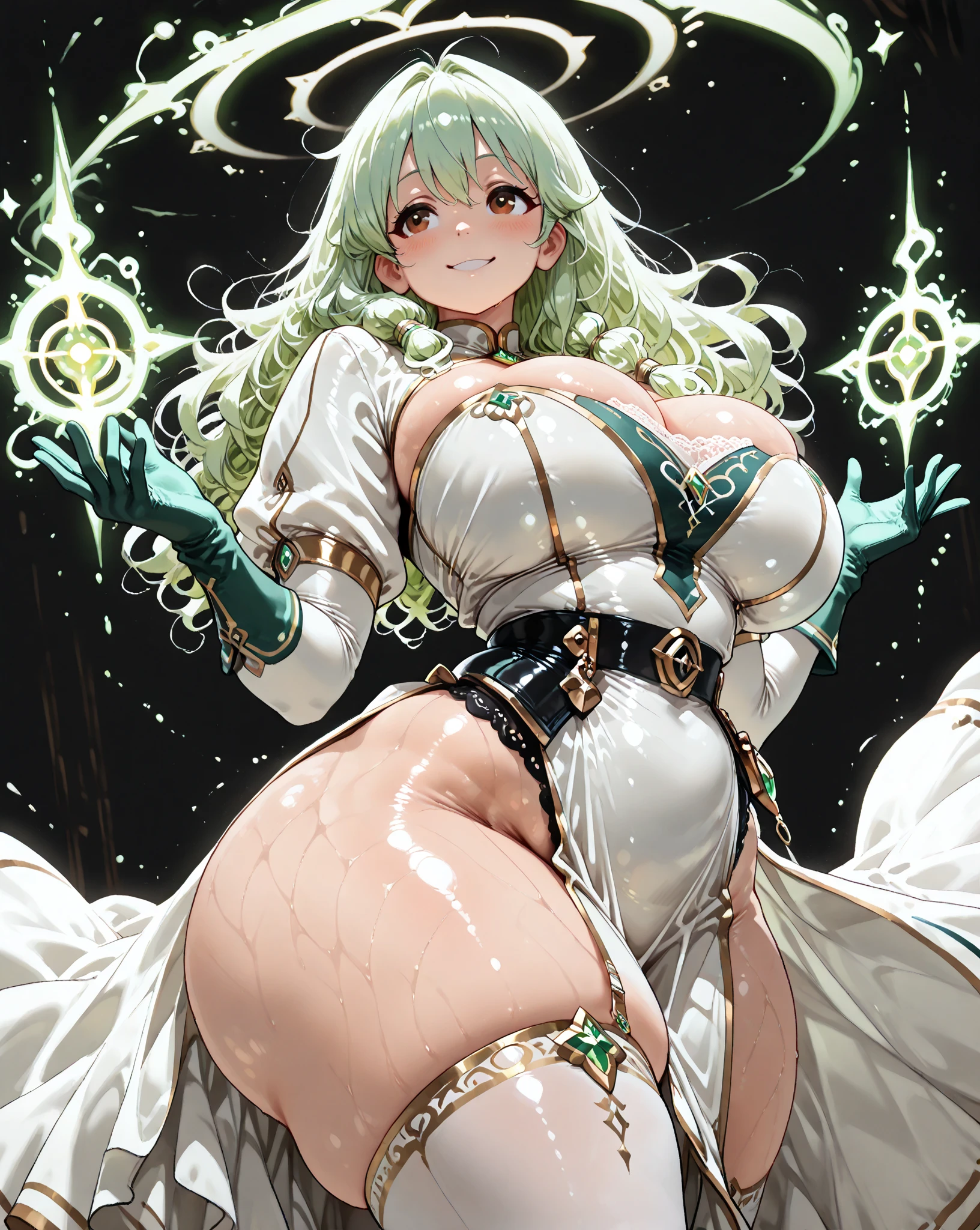 4K,High resolution,one woman,green hair,long hair,blue eyes,big breasts,Inverted nipples,wizard,side boob,white dress,brown shoes,white gloves,white hat,wooden cane,Jewelry Decoration,wilderness
